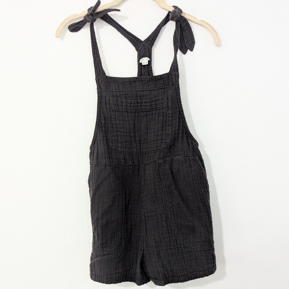 Aerie Tie Strap Shortall Short Overalls Lightweight Cotton Textured Gray Medium - Picture 3 of 4